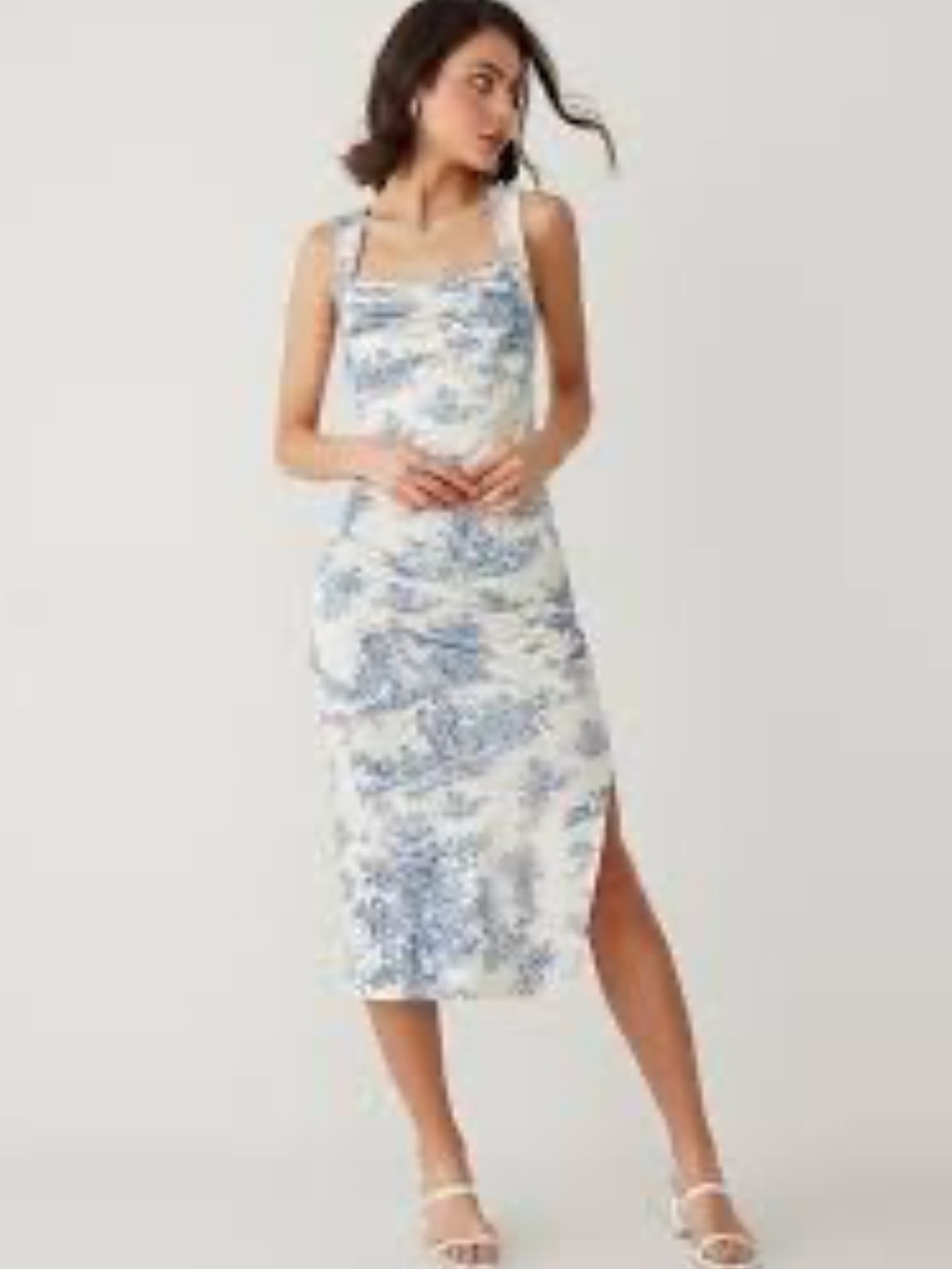 NWT Cider Blue and White Floral Midi Dress with Sweetheart Neckline